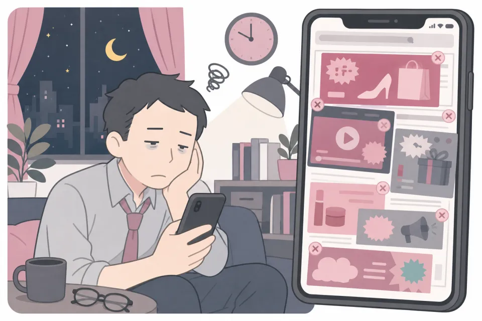 広告だらけのサイトをスマホで見て疲れている会社員のイメージ