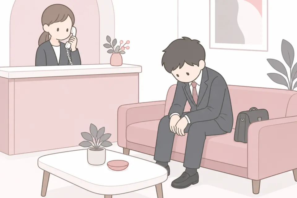 予約していた相手が当日欠勤で、待合室で肩を落とす男性のイメージ