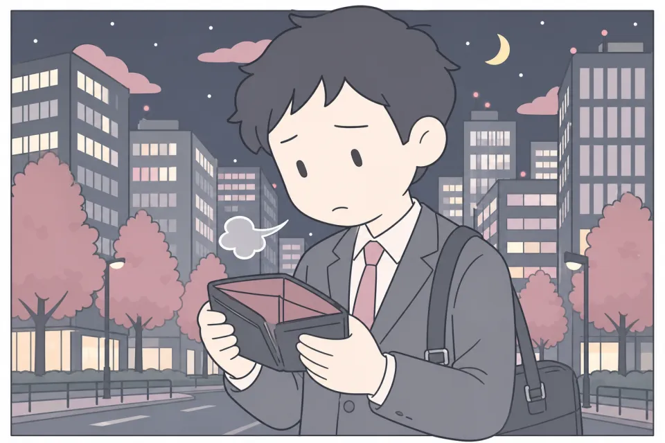 空の財布を見てため息をつく会社員のイメージ