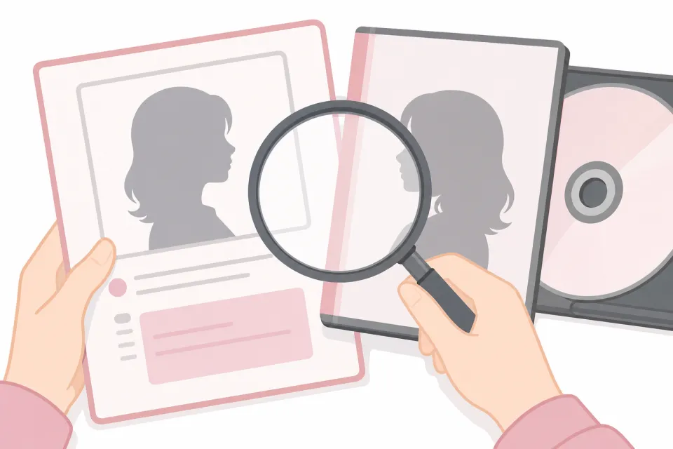 店のプロフィールと作品を虫めがねで見比べて本人か確かめるイメージ